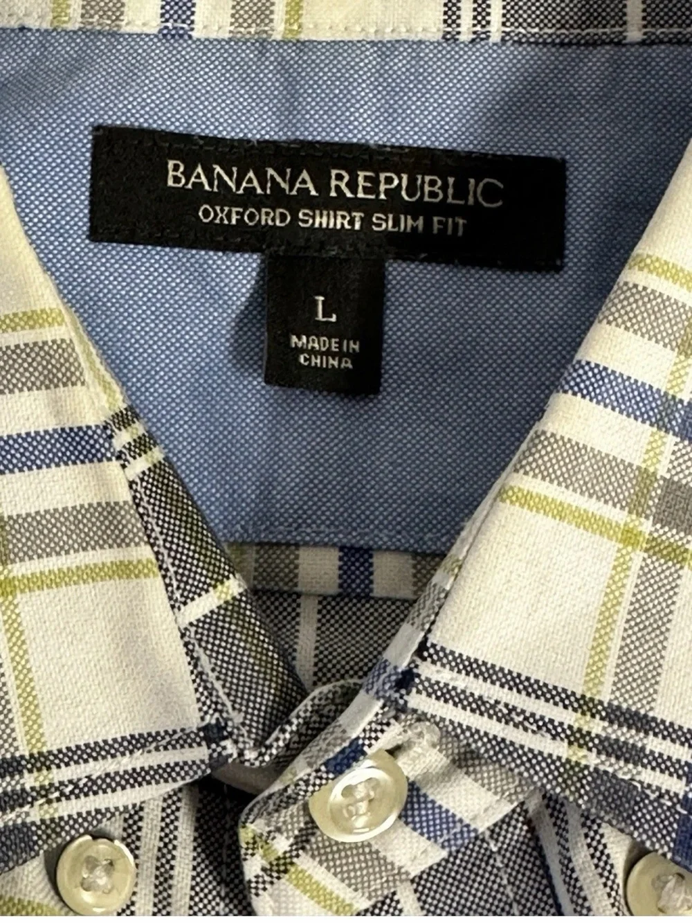 Banana Republic Oxford Shirt Slim Fit Mens L Large Blue Green Plaid Button Up